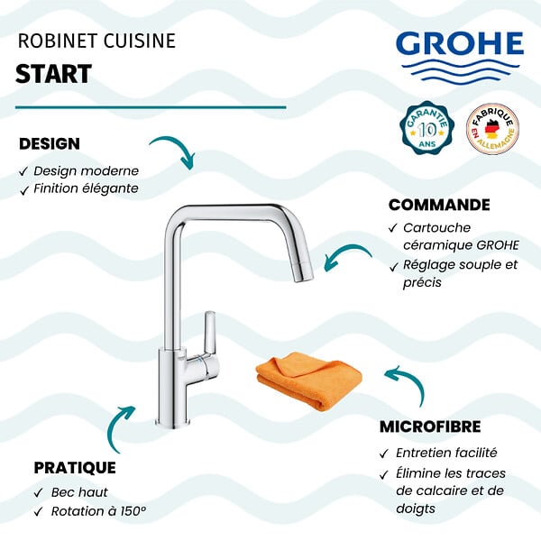 GROHE - Robinet de cuisine monocommande Start 2021 chromé + microfibre - large