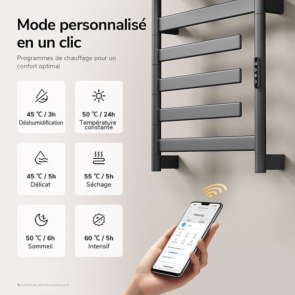 EMKE - EMKE Sèche-serviettes électrique 66x58cm 135W, Étagère et Barres Rotatives, WiFi TUYA Alexa, Chauffage Fibre de Carbone, Gris - large