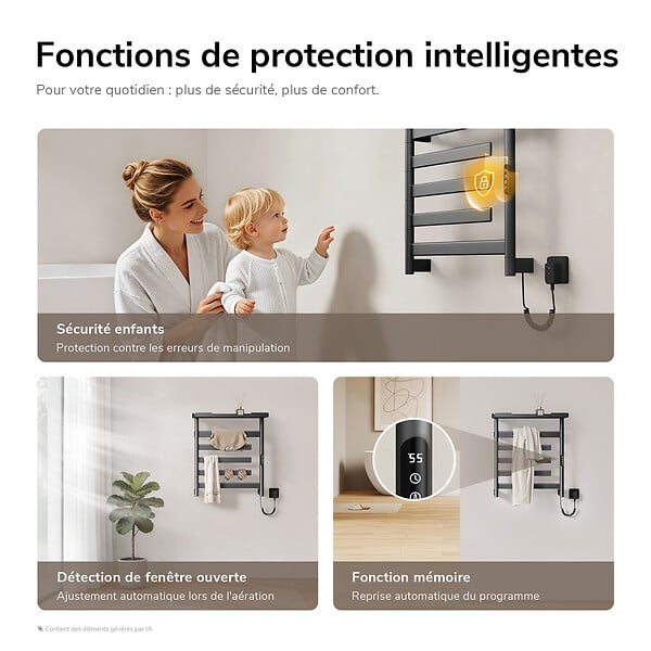 EMKE - EMKE Sèche-serviettes électrique 66x58cm 135W, Étagère et Barres Rotatives, WiFi TUYA Alexa, Chauffage Fibre de Carbone, Gris - large