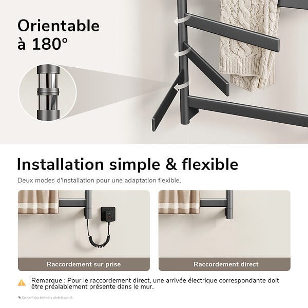 EMKE - EMKE Sèche-serviettes électrique 66x58cm 135W, Étagère et Barres Rotatives, WiFi TUYA Alexa, Chauffage Fibre de Carbone, Gris - large