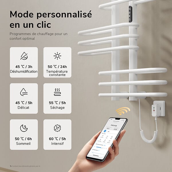 EMKE - EMKE Sèche-serviettes électrique 66x70 cm 375W, WiFi TUYA Alexa, Tubes ronds, Chauffage fibre de carbone, Blanc brillant - large