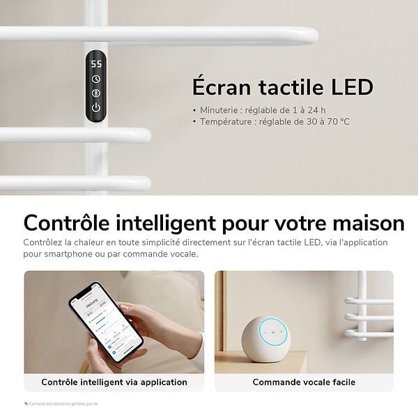 EMKE - EMKE Sèche-serviettes électrique 66x70 cm 375W, WiFi TUYA Alexa, Tubes ronds, Chauffage fibre de carbone, Blanc brillant - large