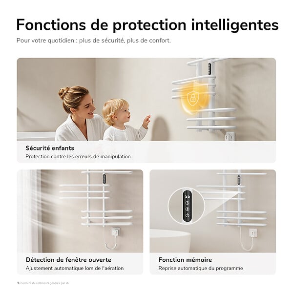 EMKE - EMKE Sèche-serviettes électrique 66x70 cm 375W, WiFi TUYA Alexa, Tubes ronds, Chauffage fibre de carbone, Blanc brillant - large