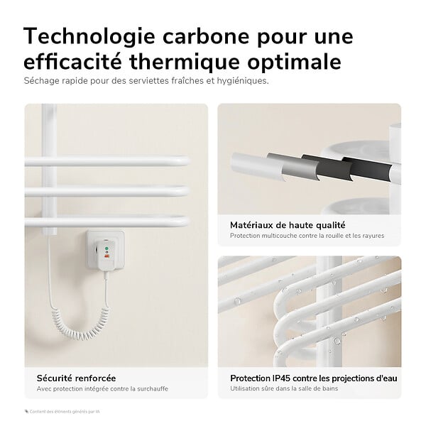 EMKE - EMKE Sèche-serviettes électrique 66x70 cm 375W, WiFi TUYA Alexa, Tubes ronds, Chauffage fibre de carbone, Blanc brillant - large