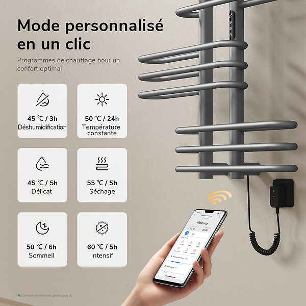 EMKE - EMKE Sèche-serviettes électrique 66x70 cm 375W, WiFi TUYA Alexa, Tubes ronds, Chauffage fibre de carbone, Gris - large