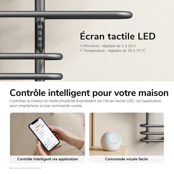 EMKE - EMKE Sèche-serviettes électrique 66x70 cm 375W, WiFi TUYA Alexa, Tubes ronds, Chauffage fibre de carbone, Gris - large