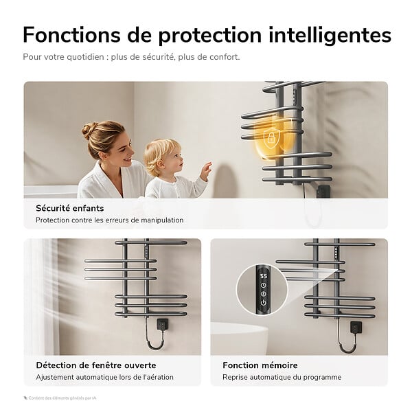 EMKE - EMKE Sèche-serviettes électrique 66x70 cm 375W, WiFi TUYA Alexa, Tubes ronds, Chauffage fibre de carbone, Gris - large