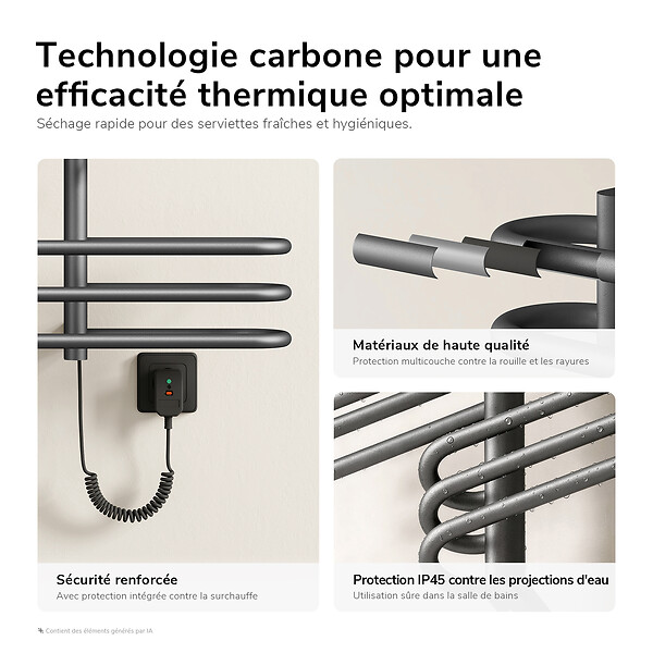 EMKE - EMKE Sèche-serviettes électrique 66x70 cm 375W, WiFi TUYA Alexa, Tubes ronds, Chauffage fibre de carbone, Gris - large