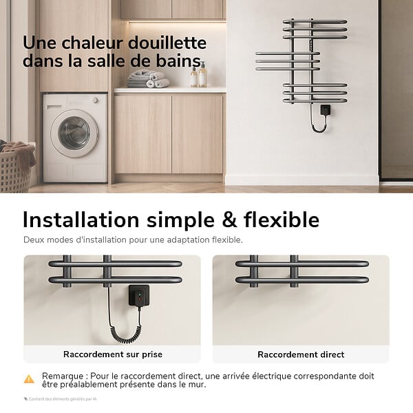 EMKE - EMKE Sèche-serviettes électrique 66x70 cm 375W, WiFi TUYA Alexa, Tubes ronds, Chauffage fibre de carbone, Gris - large