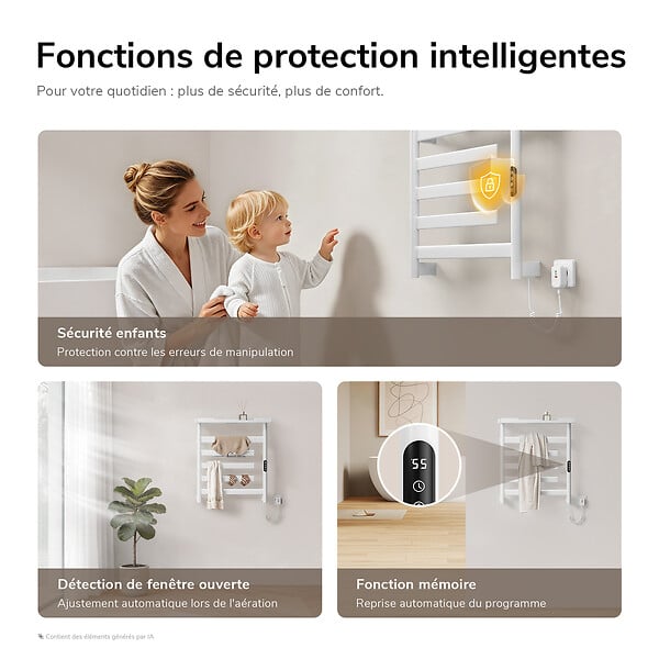EMKE - EMKE Sèche-serviettes électrique 66x58cm 135W, Étagère et Barres Rotatives, WiFi TUYA Alexa, Chauffage Fibre de Carbone, Blanc - large