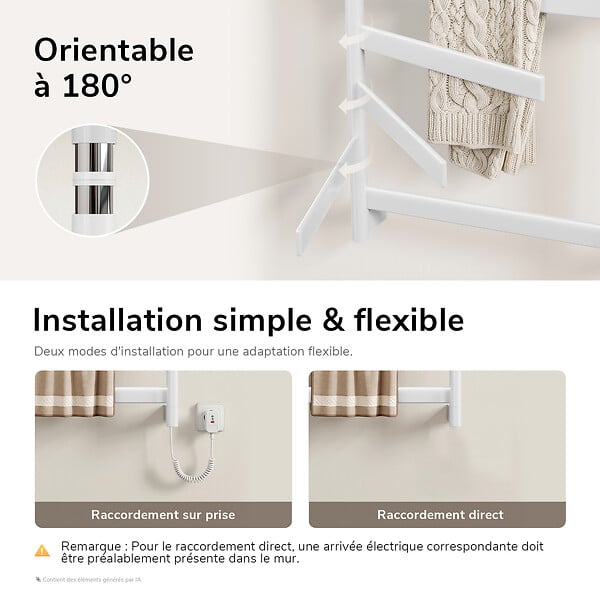 EMKE - EMKE Sèche-serviettes électrique 66x58cm 135W, Étagère et Barres Rotatives, WiFi TUYA Alexa, Chauffage Fibre de Carbone, Blanc - large