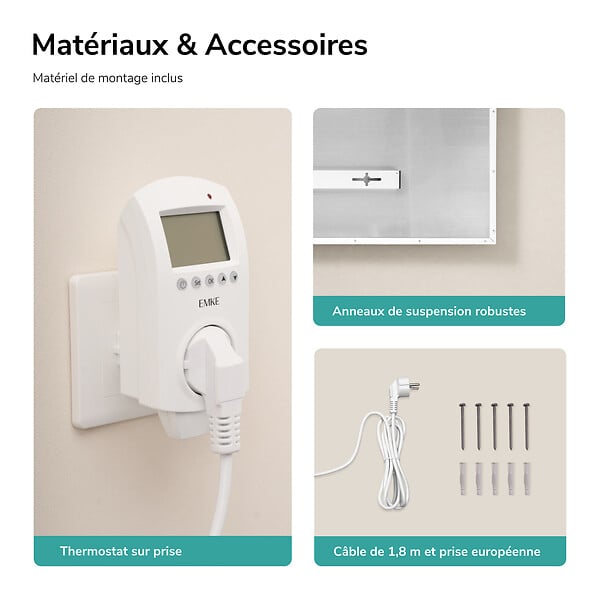 EMKE - EMKE Radiateur Infrarouge 1200W, Panneau Chauffant Mural 119,5x59,5cm avec Thermostat WiFi Connecté, Sans Cadre, Blanc - large