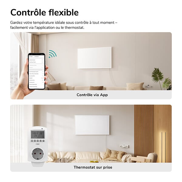 EMKE - EMKE Radiateur Infrarouge 600W, Panneau Chauffant Mural 100,5x59,5cm avec Thermostat WiFi Connecté, Blanc - large