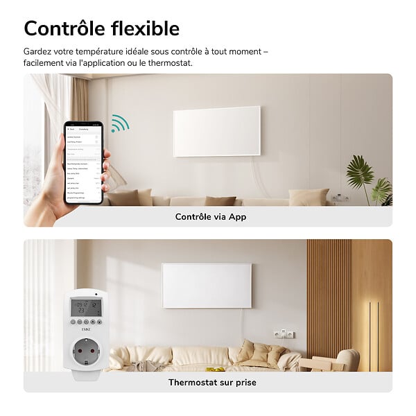 EMKE - EMKE Radiateur Infrarouge 1000W, Panneau Chauffant Mural 119,5x59,5cm avec Thermostat WiFi Connecté, Blanc - large