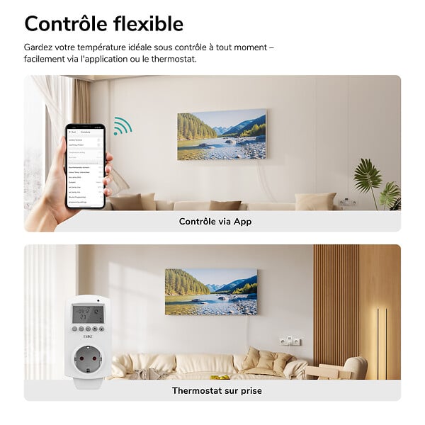 EMKE - EMKE Radiateur Infrarouge 1200W, Panneau Chauffant Décoratif Mural 119,5x59,5cm, Thermostat WiFi Connecté, Sans Cadre - large
