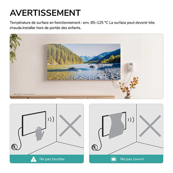 EMKE - EMKE Radiateur Infrarouge 1200W, Panneau Chauffant Décoratif Mural 119,5x59,5cm, Thermostat WiFi Connecté, Sans Cadre - large