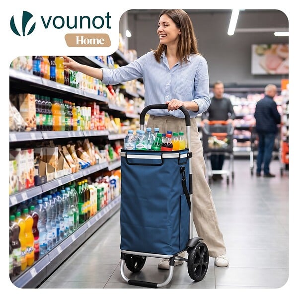 VOUNOT - Chariot de course pliable aluminium 2 roues avec sac isotherme bleu marine - large