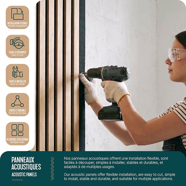 VOUNOT - Lot de 2 panneaux acoustiques muraux Tasseaux en bois MDF avec feutre noir 120x60x2.1cm chêne clair - large