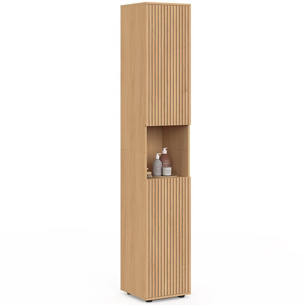 ID MARKET - Meuble colonne salle de bain VICTOR 2 portes 1 niche effet lattes - large