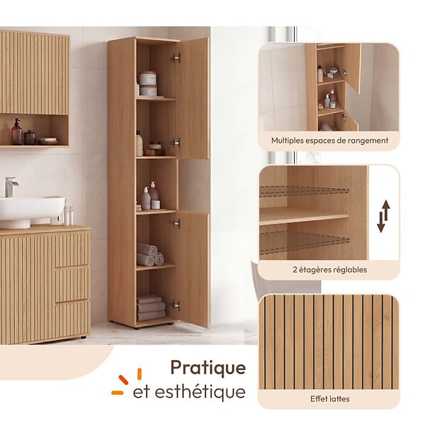 ID MARKET - Meuble colonne salle de bain VICTOR 2 portes 1 niche effet lattes - large