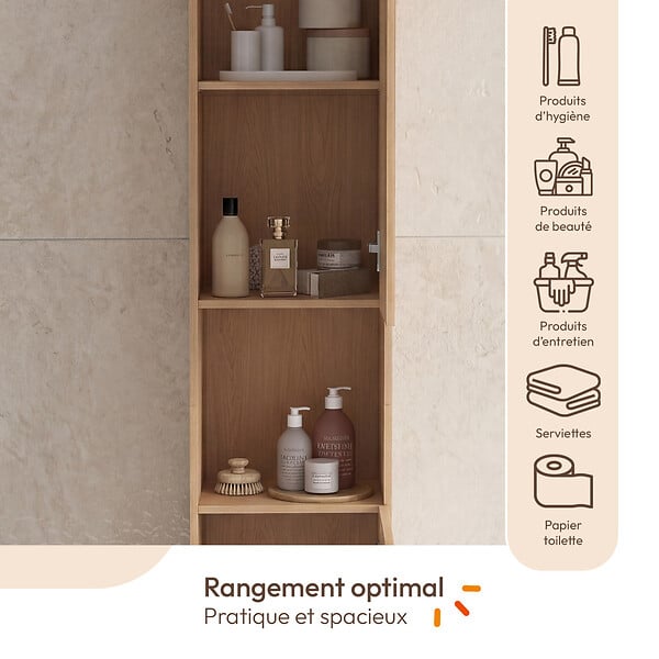 ID MARKET - Meuble colonne salle de bain VICTOR 2 portes 1 niche effet lattes - large