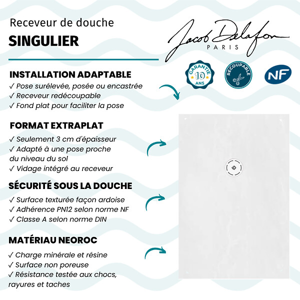 JACOB DELAFON - Receveur de douche 140 x 90 Singulier neoroc rectangle blanc - large