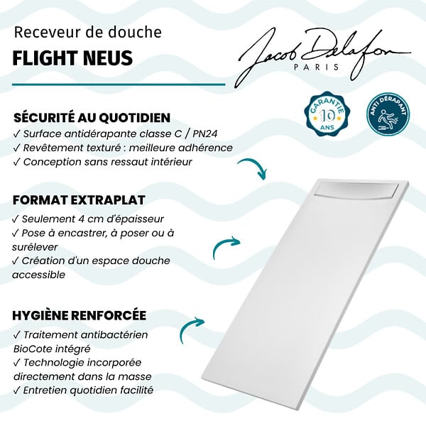 JACOB DELAFON - Receveur de douche antidérapant 170 x 80 Flight Neus acrylique rectangle blanc + bonde + capot - large