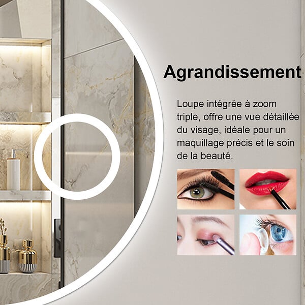 AICA SANITAIRE - Miroir Salle de Bain 60cm Rond, Bluetooth + Tricolore + 3X Loupe + Anti-Buée, AICA - large