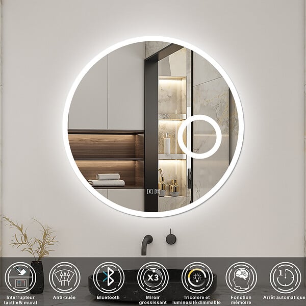 AICA SANITAIRE - Miroir Salle de Bain 80cm Rond, Bluetooth + Tricolore + 3X Loupe + Anti-Buée, AICA - large