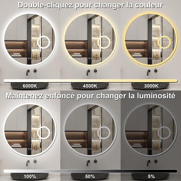 AICA SANITAIRE - Miroir Salle de Bain 80cm Rond, Bluetooth + Tricolore + 3X Loupe + Anti-Buée, AICA - large