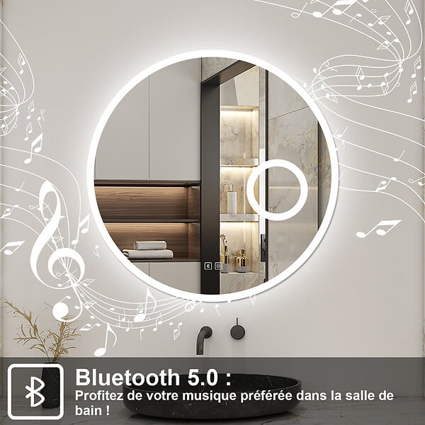 AICA SANITAIRE - Miroir Salle de Bain 80cm Rond, Bluetooth + Tricolore + 3X Loupe + Anti-Buée, AICA - large