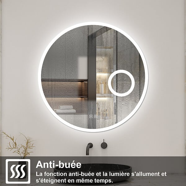 AICA SANITAIRE - Miroir Salle de Bain 80cm Rond, Bluetooth + Tricolore + 3X Loupe + Anti-Buée, AICA - large
