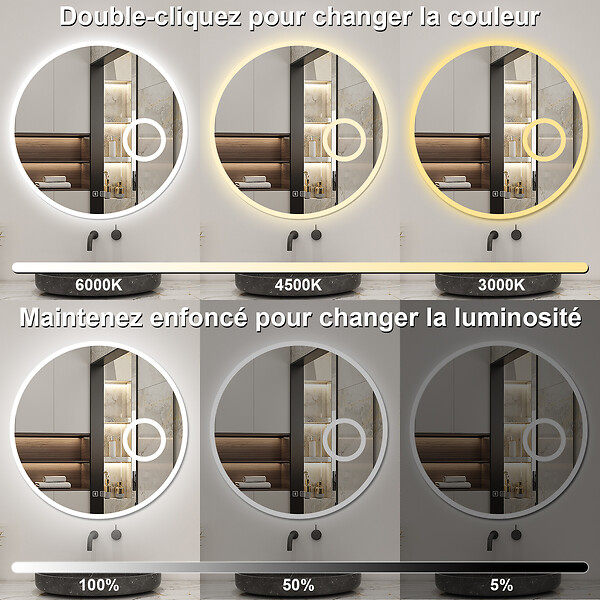 AICA SANITAIRE - Miroir Salle de Bain 70cm Rond, Bluetooth + Tricolore + 3X Loupe + Anti-Buée, AICA - large