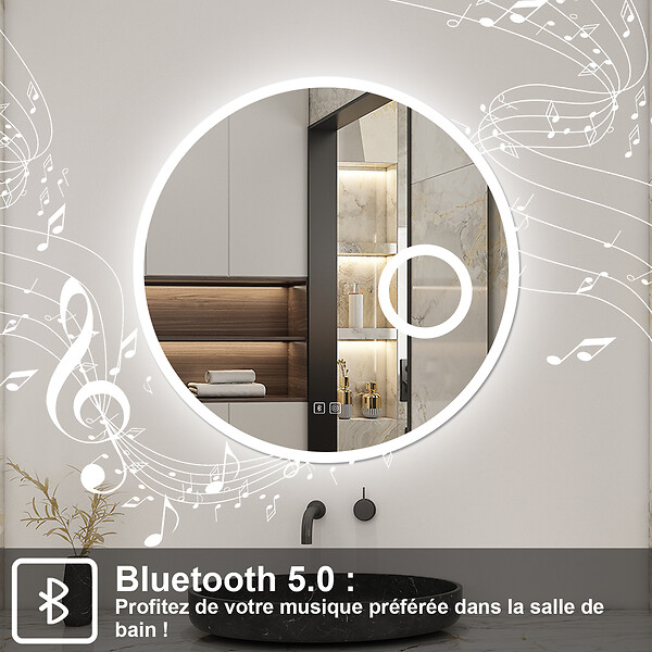 AICA SANITAIRE - Miroir Salle de Bain 100cm Rond, Bluetooth + Tricolore + 3X Loupe + Anti-Buée, AICA - large