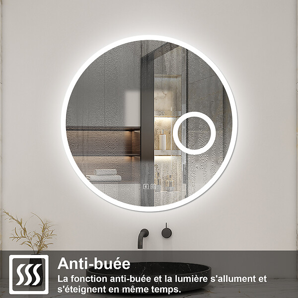 AICA SANITAIRE - Miroir Salle de Bain 100cm Rond, Bluetooth + Tricolore + 3X Loupe + Anti-Buée, AICA - large