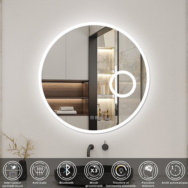 AICA SANITAIRE - Miroir Salle de Bain 120cm Rond, Bluetooth + Tricolore + 3X Loupe + Anti-Buée, AICA - large