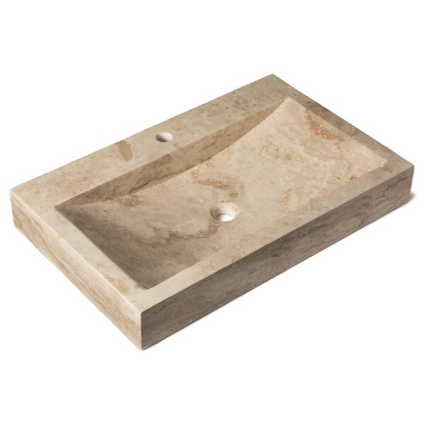 RO'MA NATURE - Vasque à poser rectangulaire Travertin Beige 70x45x10 cm avec perçage (à l'unité) - large