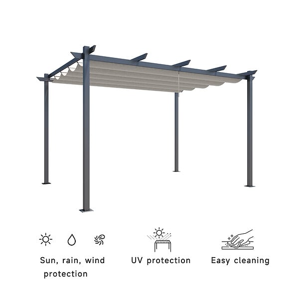 AICA SANITAIRE - Pergola autoportante 4 x 3m en aluminium - Toile rétractable tonnelle gris - 4 pieds robustes - large