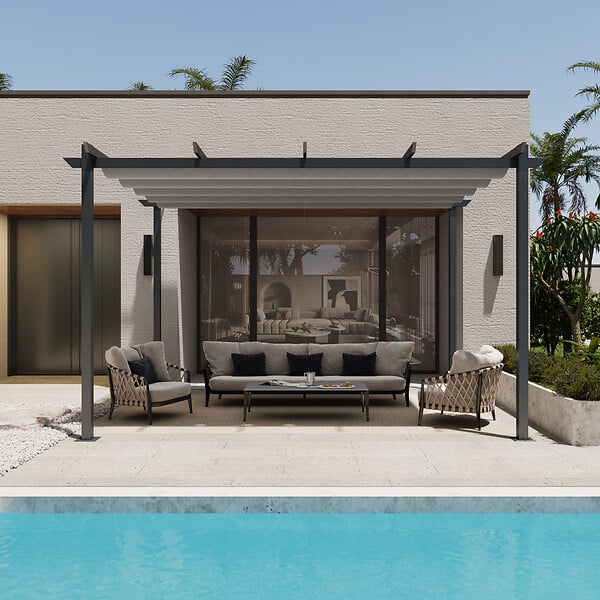 AICA SANITAIRE - Pergola autoportée VELA en aluminium 8.27 m², toile rétractable, 4 x 3m, tonnelle gris pour les jardin et les cours - large
