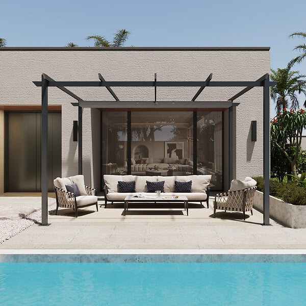 AICA SANITAIRE - Pergola autoportée VELA en aluminium 8.27 m², toile rétractable, 4 x 3m, tonnelle gris pour les jardin et les cours - large