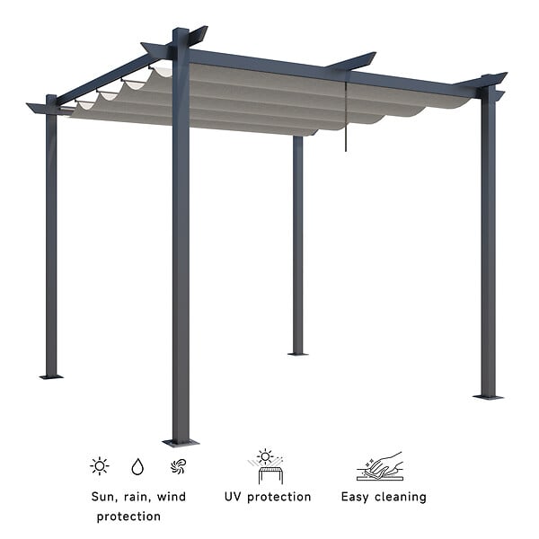 AICA SANITAIRE - Pergola autoportante 3 x 3m en aluminium - Toile rétractable tonnelle gris - 4 pieds robustes - large