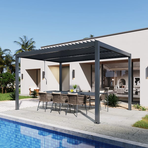 AICA SANITAIRE - Pergola bioclimatique autoportée - Structure et Lames orientables en aluminium - 4 x 3m - Gris anthracite - large