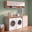 ID MARKET - Meuble de buanderie machine à laver et sèche-linge TOMI avec plan de travail L. 180 cm et placards beige et bois - vignette