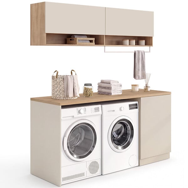 ID MARKET - Meuble de buanderie machine à laver et sèche-linge TOMI avec plan de travail L. 180 cm et placards beige et bois - large