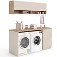 ID MARKET - Meuble de buanderie machine à laver et sèche-linge TOMI avec plan de travail L. 180 cm et placards beige et bois - vignette