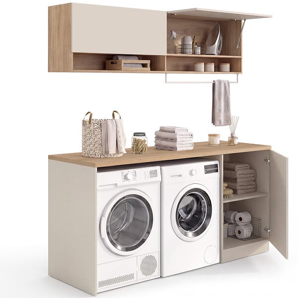 ID MARKET - Meuble de buanderie machine à laver et sèche-linge TOMI avec plan de travail L. 180 cm et placards beige et bois - large