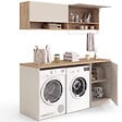 ID MARKET - Meuble de buanderie machine à laver et sèche-linge TOMI avec plan de travail L. 180 cm et placards beige et bois - vignette