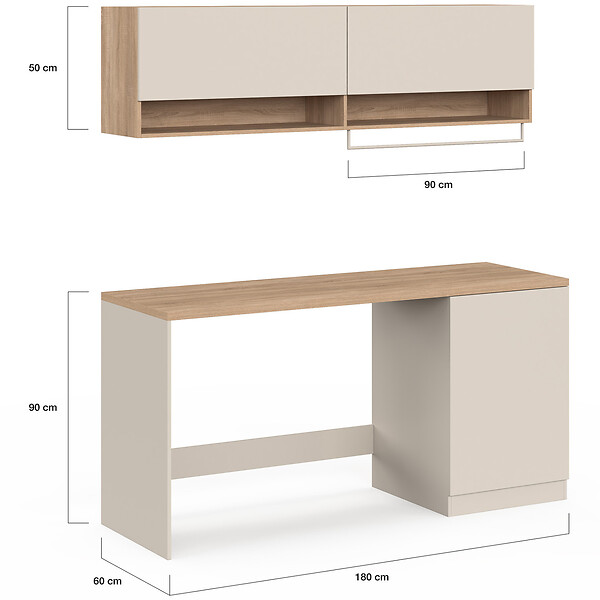 ID MARKET - Meuble de buanderie machine à laver et sèche-linge TOMI avec plan de travail L. 180 cm et placards beige et bois - large