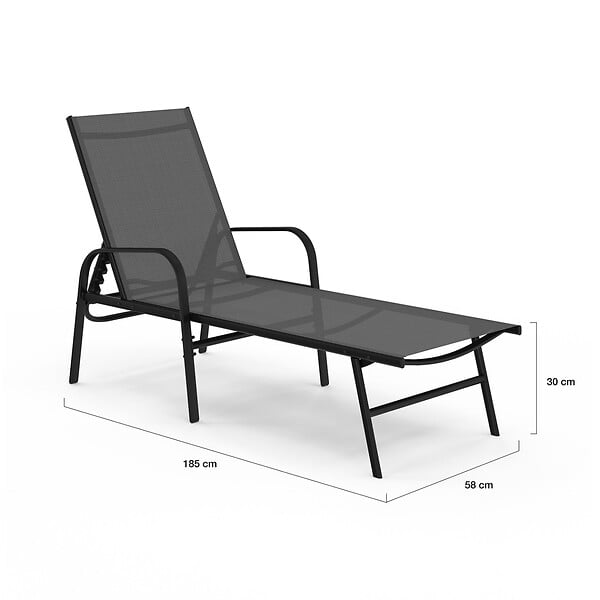 ID MARKET - Lot de 2 transats de jardin inclinables FIDJI en acier noir et toile gris anthracite - large