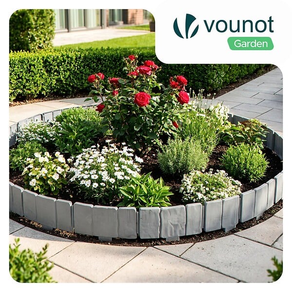 VOUNOT - Bordure de jardin plastique PP imitation pierre 15m gris clair - large